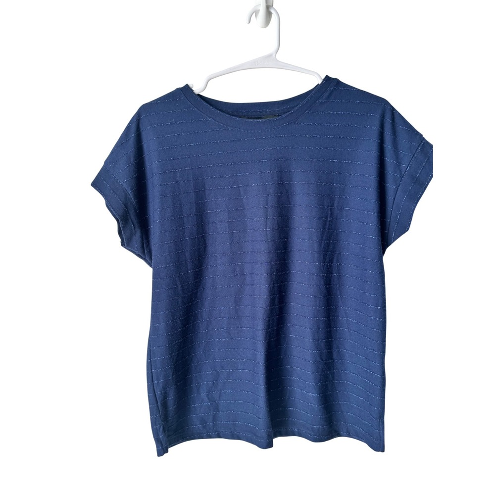 Ellen Tracy Navy Blue Metallic Shimmer Striped Cap Sleeve Crew Neck Top Small